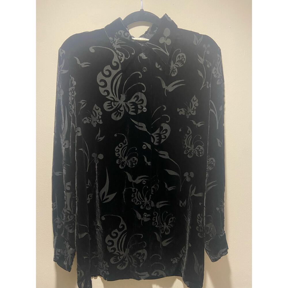 Peter Nygard Black Velvet Burnout Floral-Print Button Shirt
